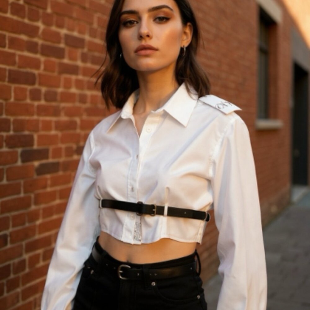ZARA White Cropped Poplin Shirt Black Faux Leather Harness Detail Blouse SZ /XS - Picture 2 of 10